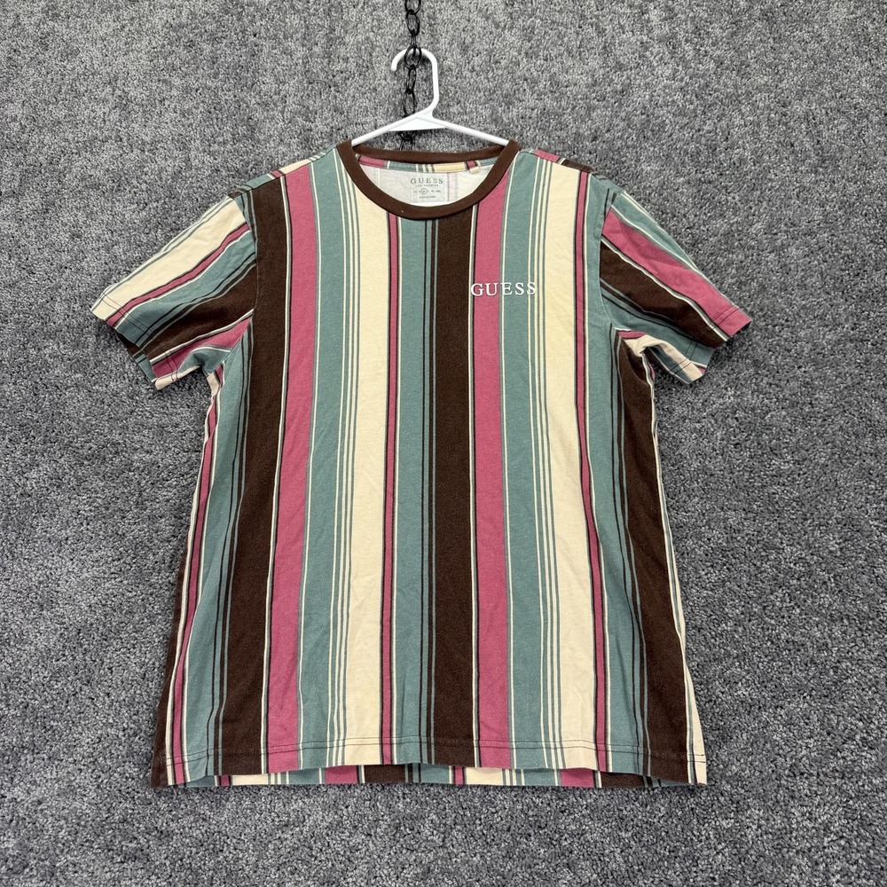 Guess Shirt Mens Medium Multicolor Striped Crew Neck Logo Tee Tagless Casual